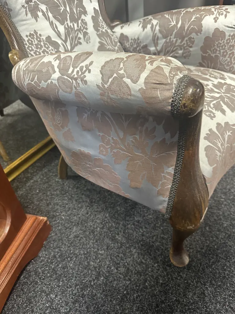 Grandfather Chair, Mahogany Frame, Cabriole Legs, Blue & Brown Floral Fabric Image 1++