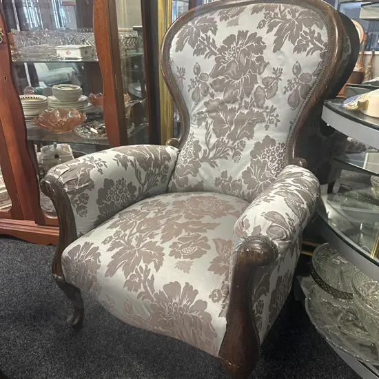 Grandfather Chair, Mahogany Frame, Cabriole Legs, Blue & Brown Floral Fabric