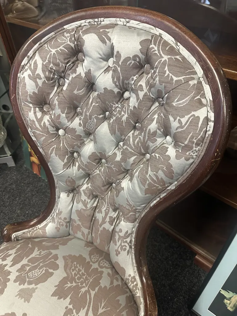 Grandmother Chair, Mahogany Frame, Cabriole Legs, Button Backed Blue & Brown Floral Fabric Image 1++