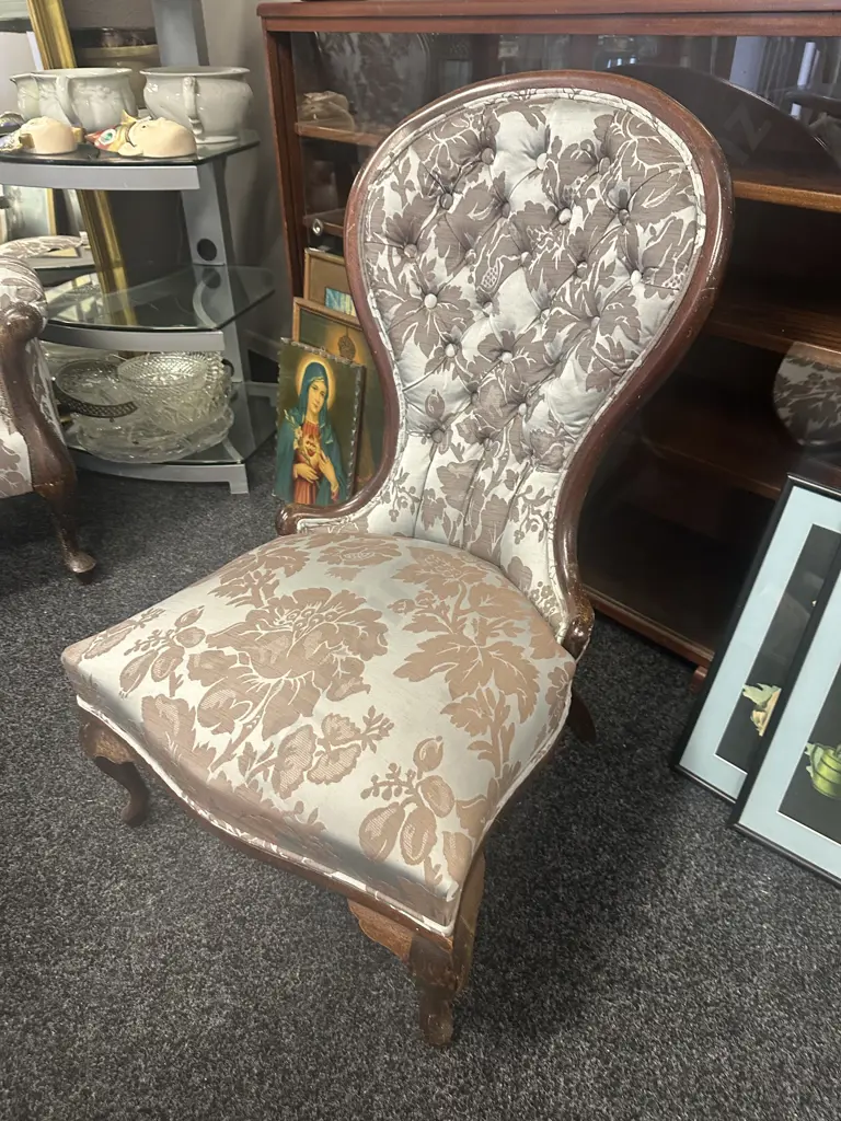 Grandmother Chair, Mahogany Frame, Cabriole Legs, Button Backed Blue & Brown Floral Fabric Image 1++