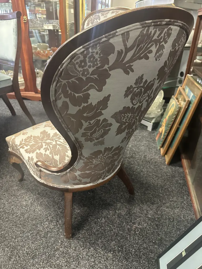Grandmother Chair, Mahogany Frame, Cabriole Legs, Button Backed Blue & Brown Floral Fabric Image 1++