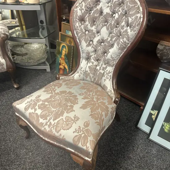 Grandmother Chair, Mahogany Frame, Cabriole Legs, Button Backed Blue & Brown Floral Fabric