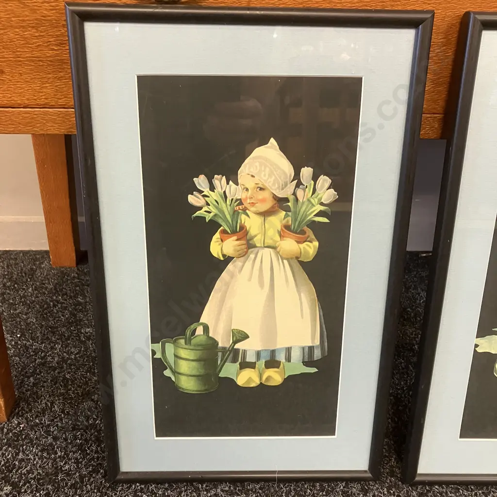 Pair of Early Dutch Art Prints - Boy With Tulips And Dog & Girl With Tulips, Framed. 45 x 28cm Image 1++