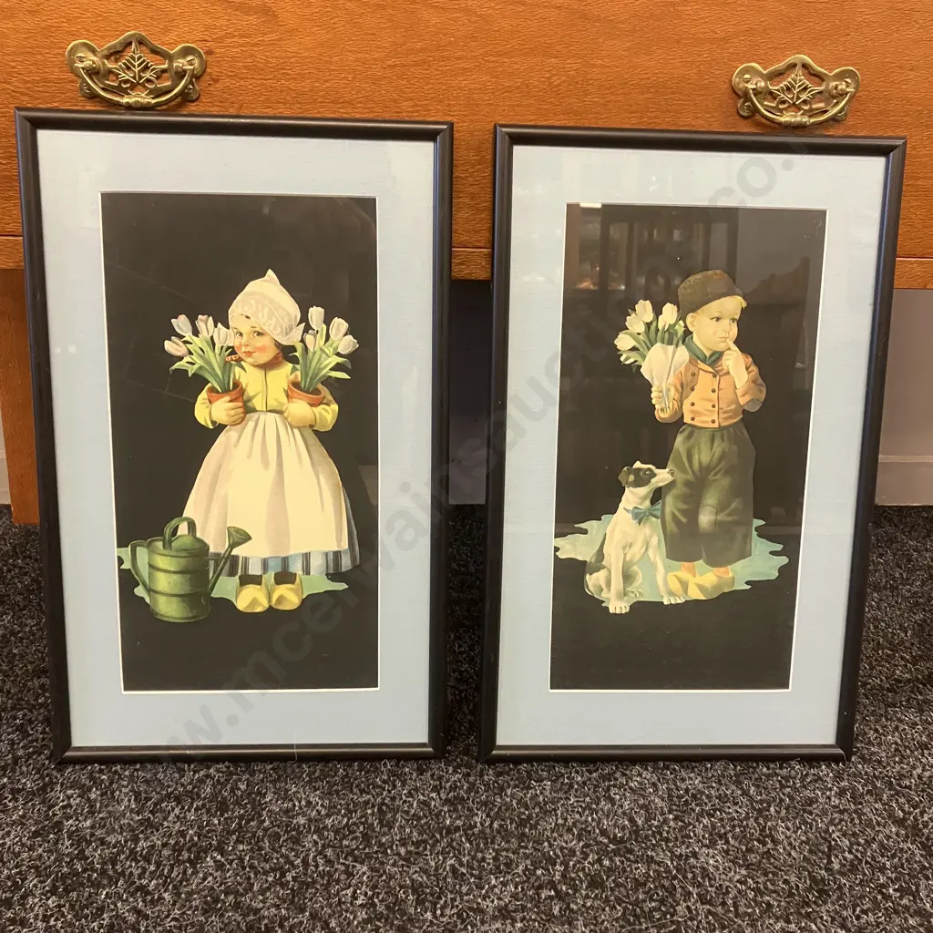 Pair of Early Dutch Art Prints - Boy With Tulips And Dog & Girl With Tulips, Framed. 45 x 28cm Image 1++
