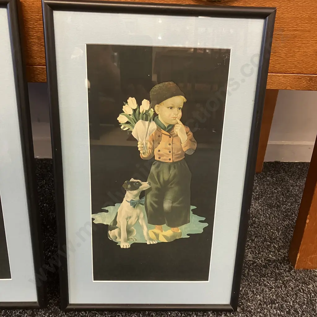 Pair of Early Dutch Art Prints - Boy With Tulips And Dog & Girl With Tulips, Framed. 45 x 28cm Image 1++