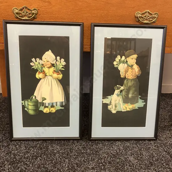 Pair of Early Dutch Art Prints - Boy With Tulips And Dog & Girl With Tulips, Framed. 45 x 28cm