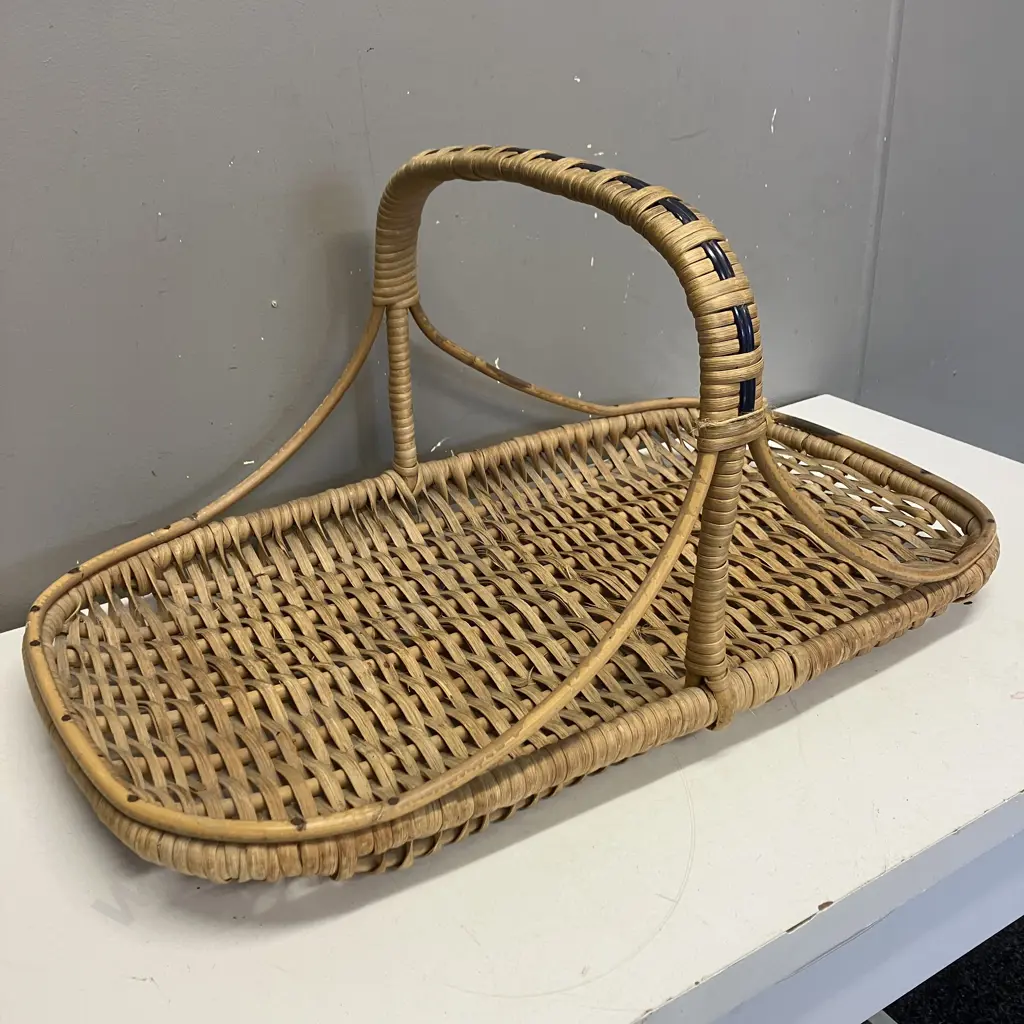 Vintage French? Woven Wicker One Handle Flat Basket. H31 W63 D37cm Image 1++