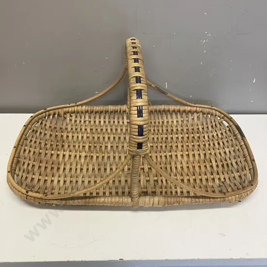 Vintage French? Woven Wicker One Handle Flat Basket. H31 W63 D37cm
