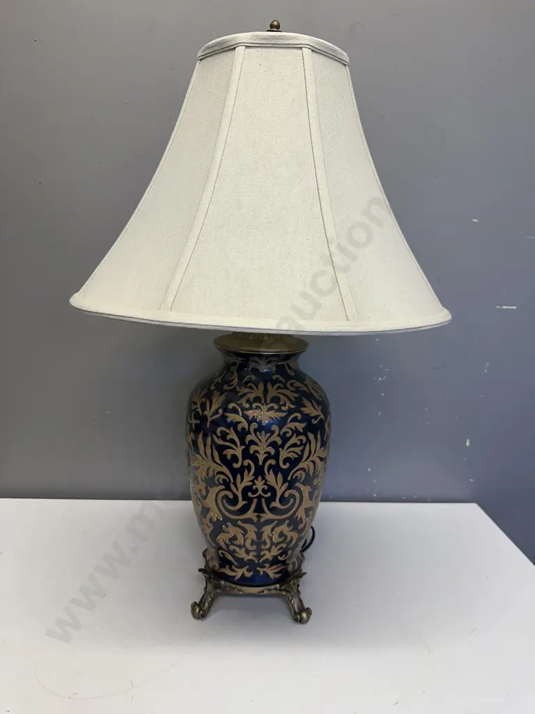 Footed Table Lamp Black Gold Patterned With Cream Shade H75cm. Image 1++