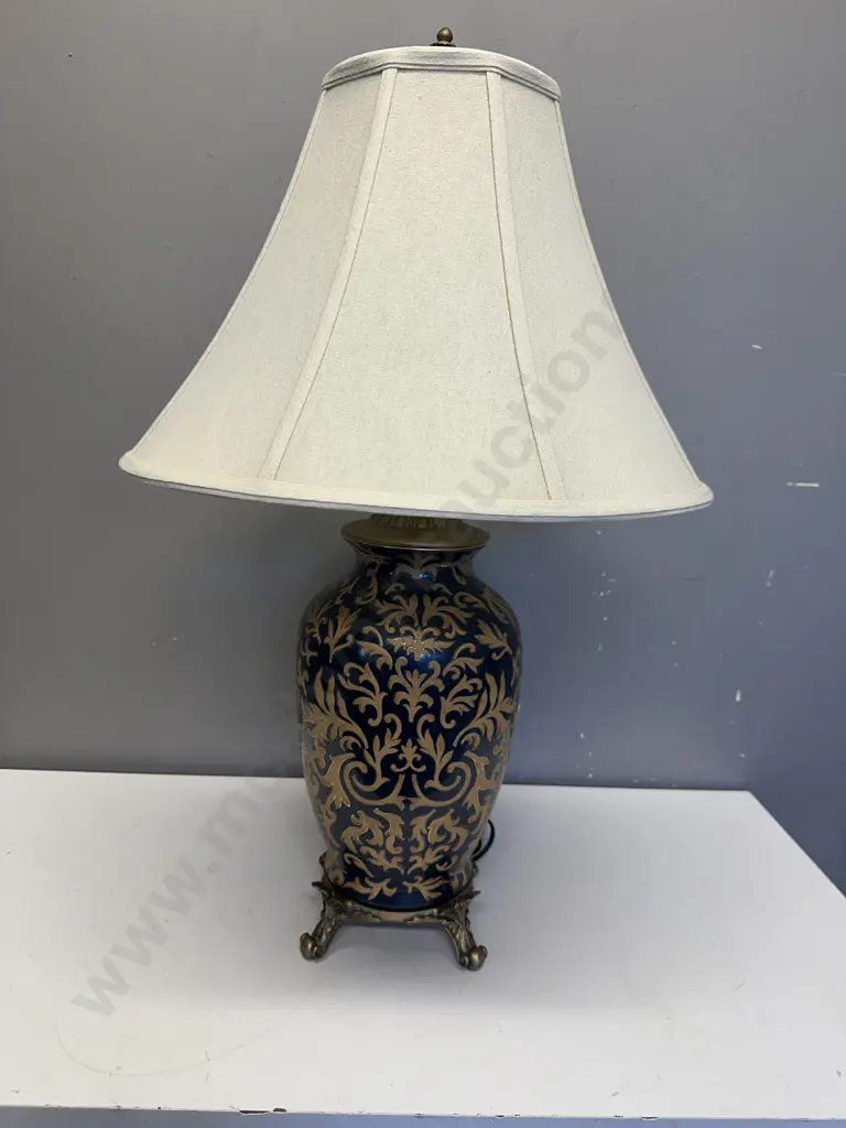Footed Table Lamp Black Gold Patterned With Cream Shade H75cm. Image 1++