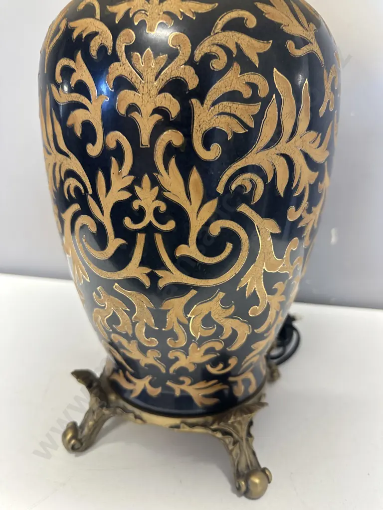 Footed Table Lamp Black Gold Patterned With Cream Shade H75cm. Image 1++