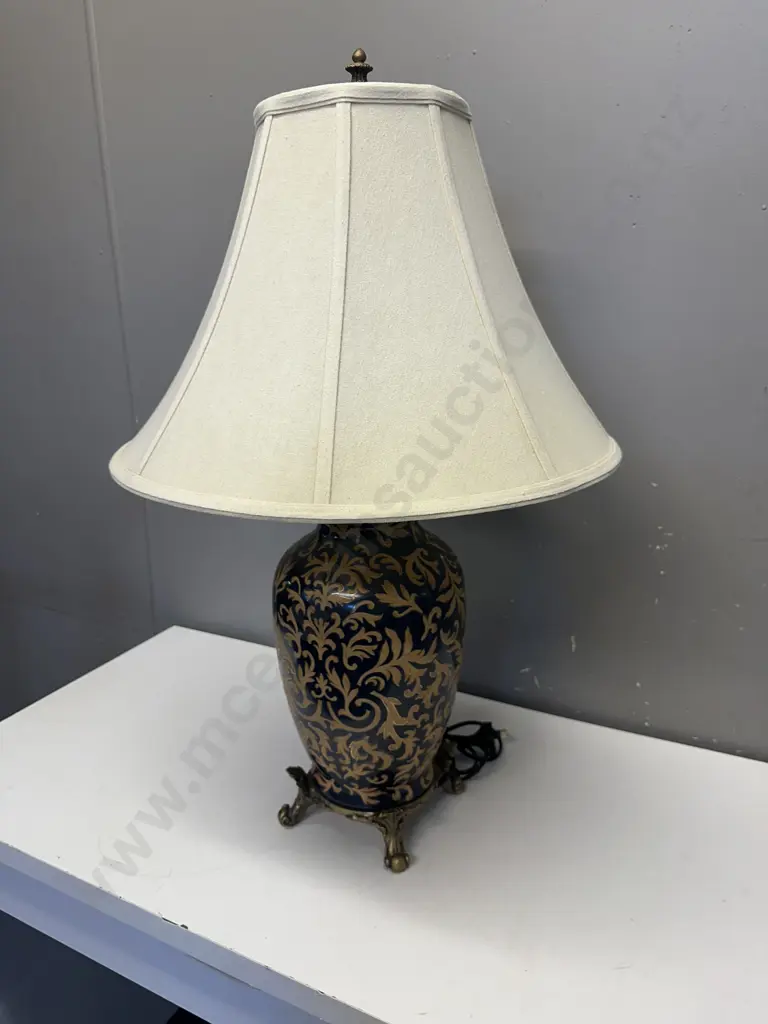 Footed Table Lamp Black Gold Patterned With Cream Shade H75cm. Image 1++