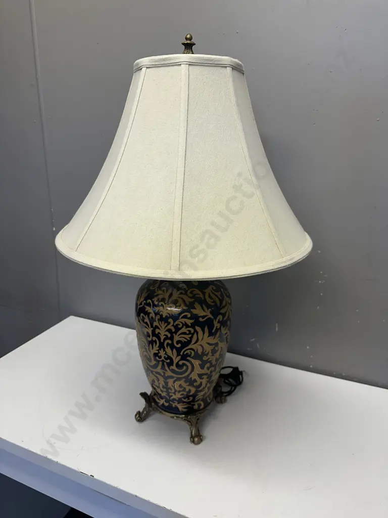 Footed Table Lamp Black Gold Patterned With Cream Shade H75cm. Image 1++