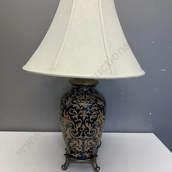 Footed Table Lamp Black Gold Patterned With Cream Shade H75cm.