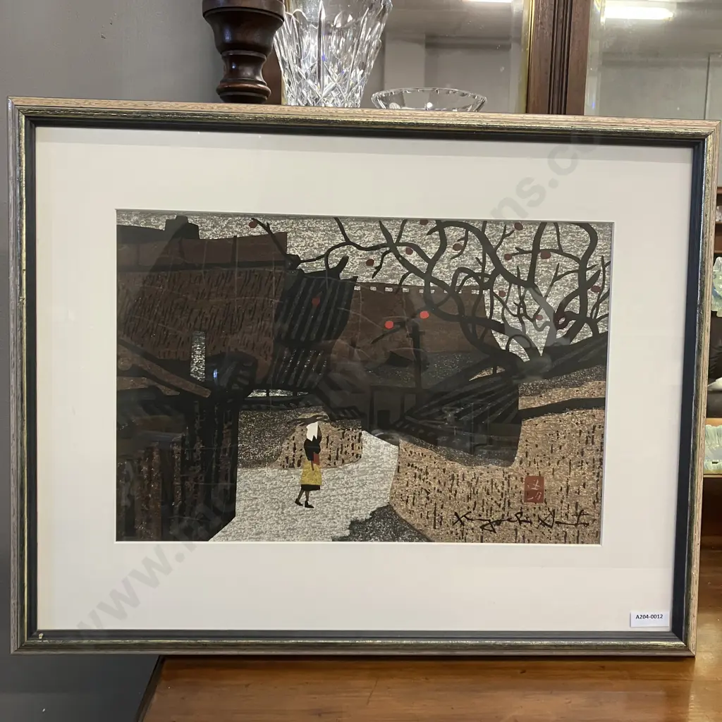 Kiyoshi Saito (1907-1997) 'Persimmon Lined Street' Woodblock Print. 42 x 54cm Framed Image 1++