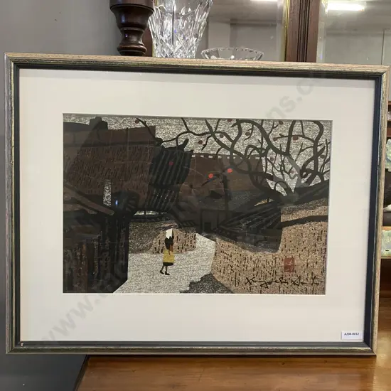 Kiyoshi Saito (1907-1997) 'Persimmon Lined Street' Woodblock Print. 42 x 54cm Framed