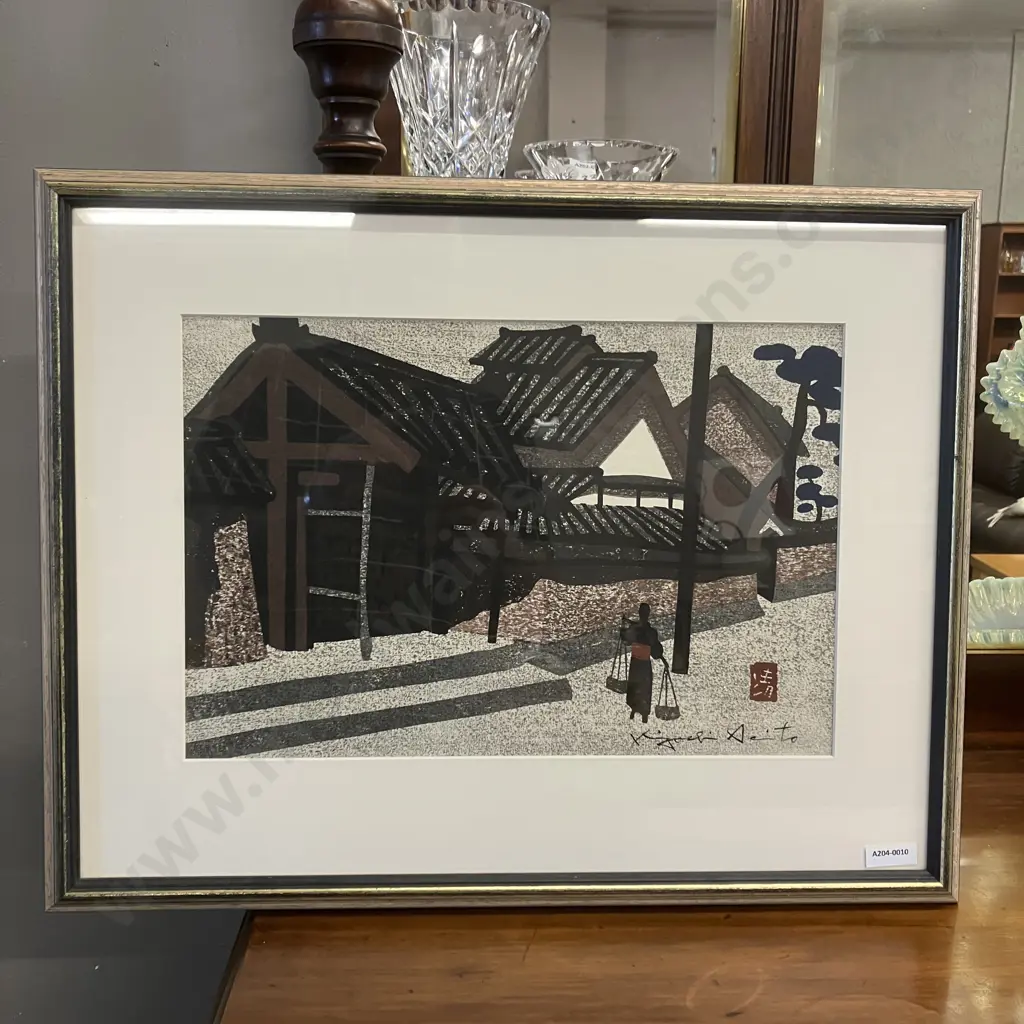 Kiyoshi Saito (1907-1997) 'Carrying Water' Woodblock Print. 42 x 54cm Framed Image 1++