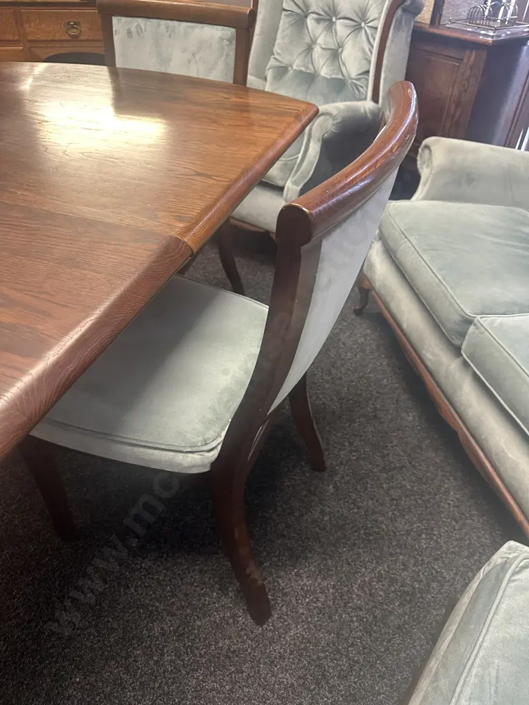 Vintage Oak Extension Table With 6 Blue Draylon Fabric Chairs. 172 x 104cm, Extension 49cm Image 1++