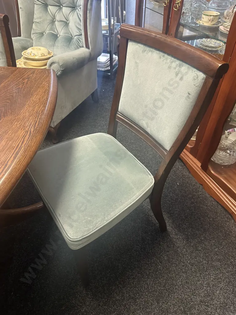 Vintage Oak Extension Table With 6 Blue Draylon Fabric Chairs. 172 x 104cm, Extension 49cm Image 1++
