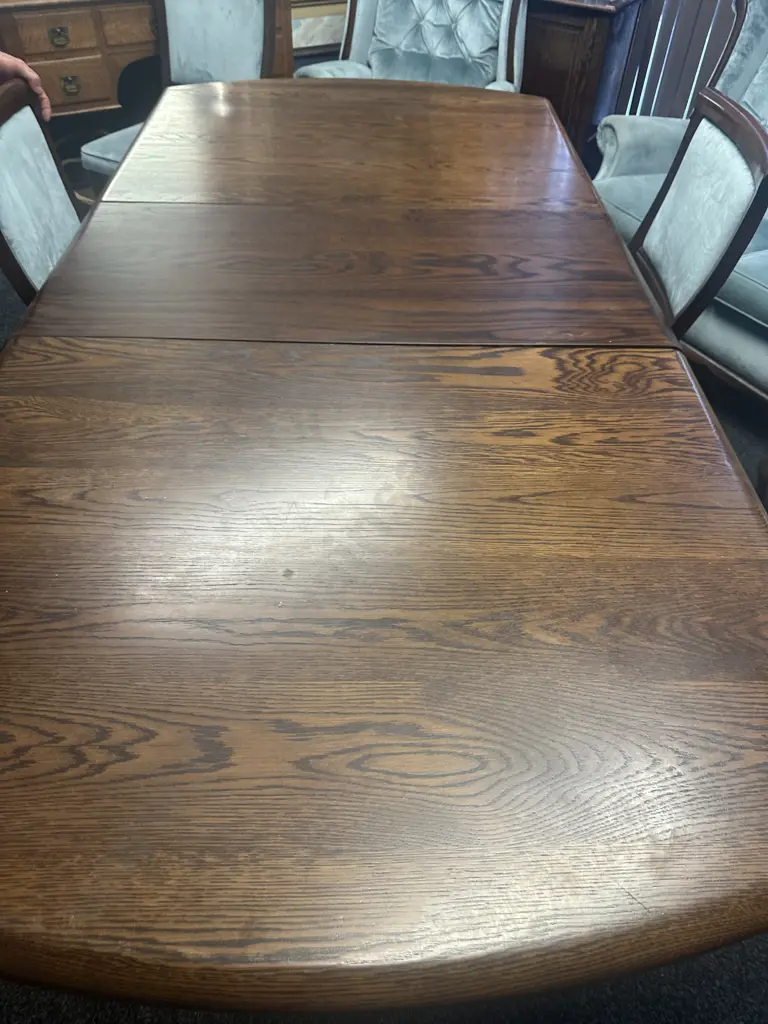 Vintage Oak Extension Table With 6 Blue Draylon Fabric Chairs. 172 x 104cm, Extension 49cm Image 1++