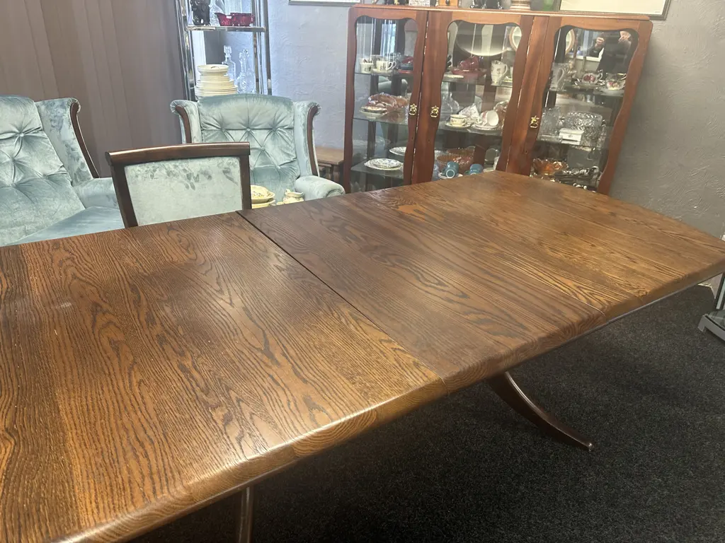 Vintage Oak Extension Table With 6 Blue Draylon Fabric Chairs. 172 x 104cm, Extension 49cm Image 1++
