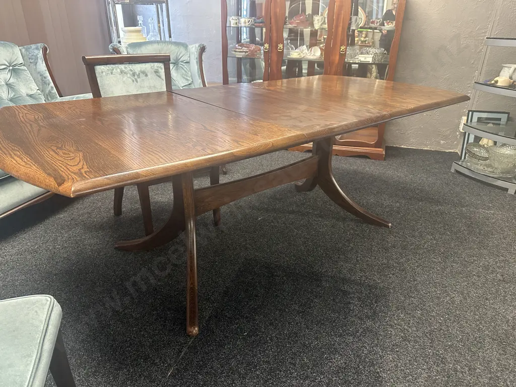 Vintage Oak Extension Table With 6 Blue Draylon Fabric Chairs. 172 x 104cm, Extension 49cm Image 1++