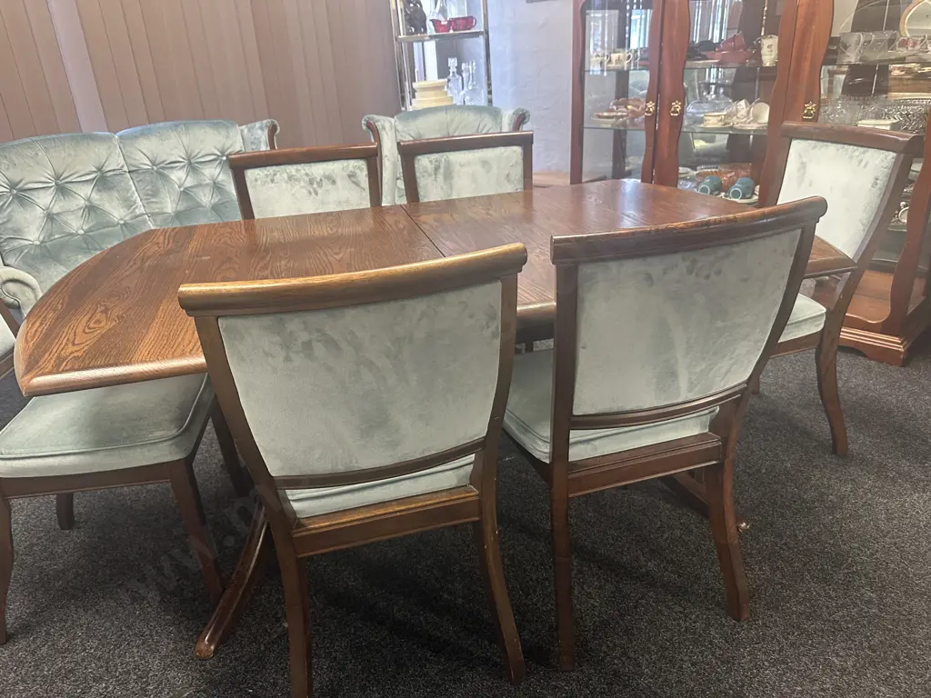Vintage Oak Extension Table With 6 Blue Draylon Fabric Chairs. 172 x 104cm, Extension 49cm Image 1++