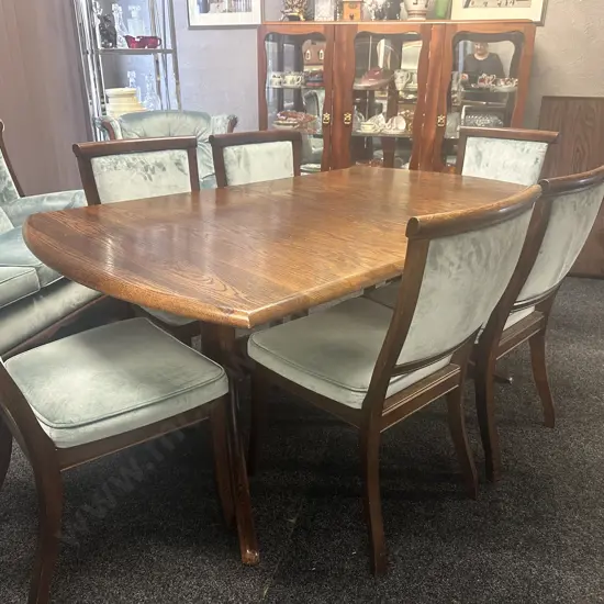 Vintage Oak Extension Table With 6 Blue Draylon Fabric Chairs. 172 x 104cm, Extension 49cm
