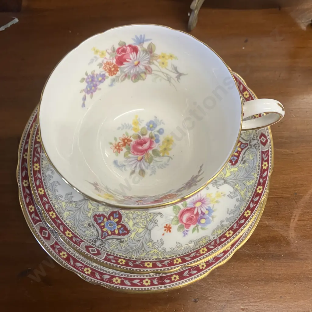 Vintage Shelley Georgian 13361 Burgundy Henley Shape Trio With Duchess 13401 Double Handle Cake Plate Image 1++