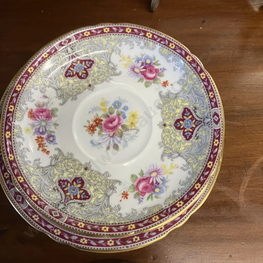 Vintage Shelley Georgian 13361 Burgundy Henley Shape Trio With Duchess 13401 Double Handle Cake Plate Image 1++