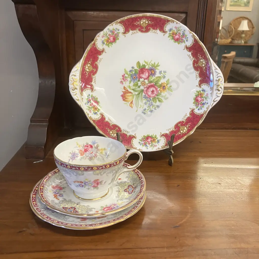 Vintage Shelley Georgian 13361 Burgundy Henley Shape Trio With Duchess 13401 Double Handle Cake Plate Image 1++