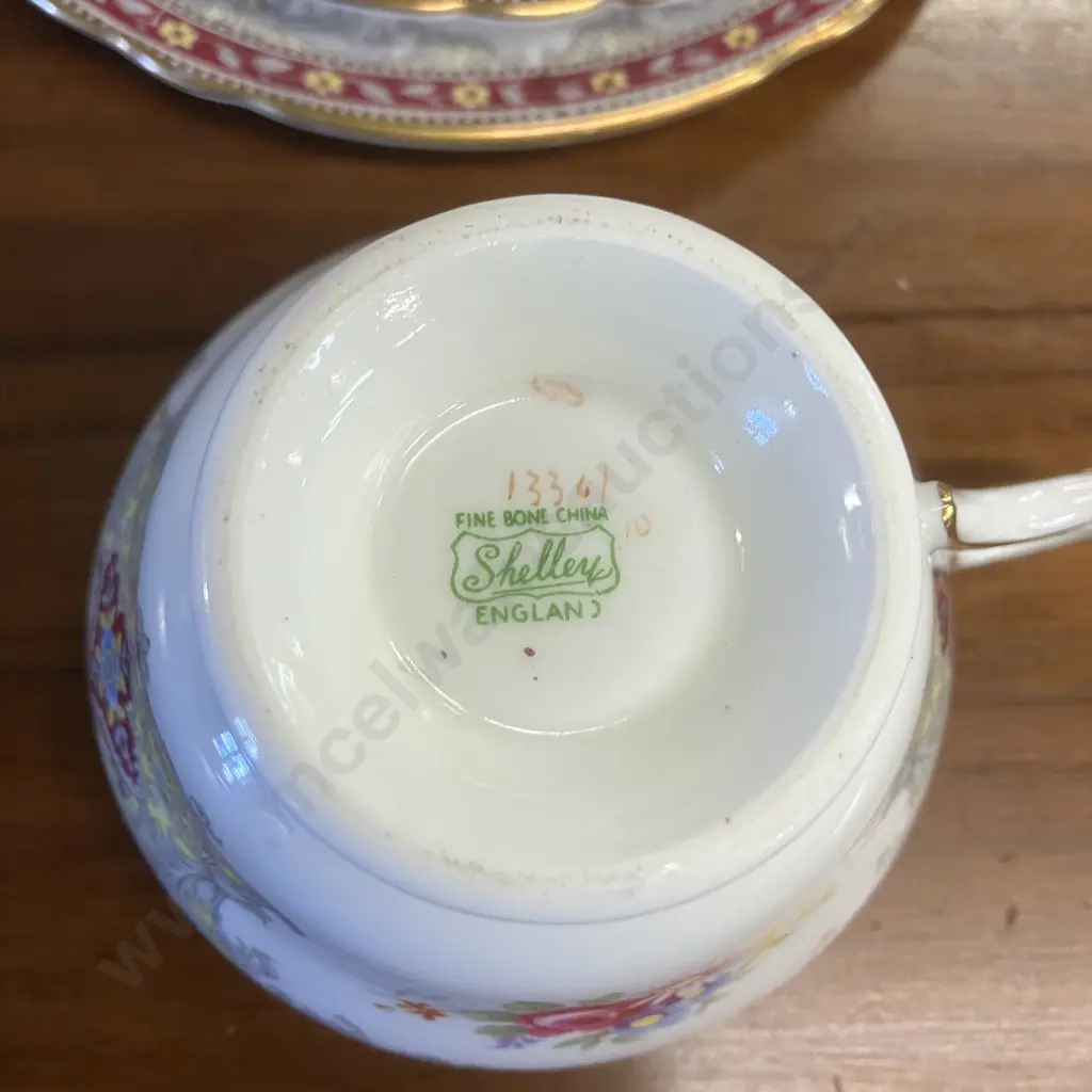 Vintage Shelley Georgian 13361 Burgundy Henley Shape Trio With Duchess 13401 Double Handle Cake Plate Image 1++