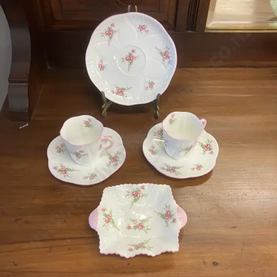 Shelley Bridal Rose Pair of Demitasse Cups & Saucers, Trinket Dish & Plate