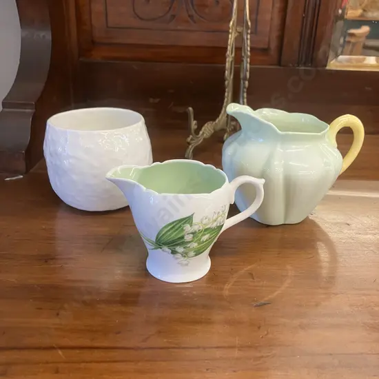Shelley Lily Of The Valley Creamer 13736, Dainty Celadon Green Creamer 13567/8.3, Harmony Dripware Preserve Pot (No Lid)