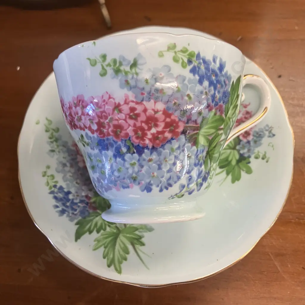 Vintage Aynsley Delphiniums Teacup, Saucer & Plate, Pattern C9881 & Famille Rose Mini Creamer & Open Sugar Bowl Set Image 1++