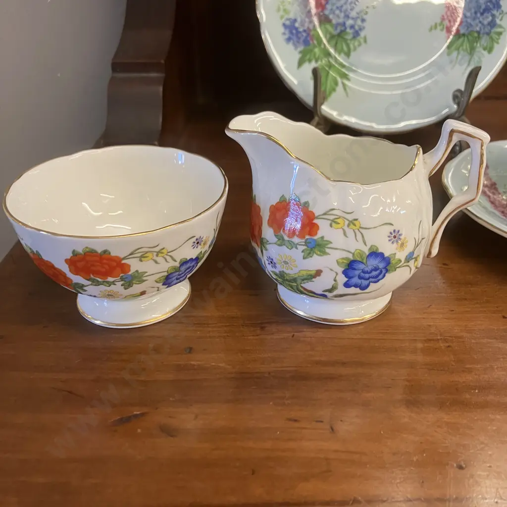 Vintage Aynsley Delphiniums Teacup, Saucer & Plate, Pattern C9881 & Famille Rose Mini Creamer & Open Sugar Bowl Set Image 1++