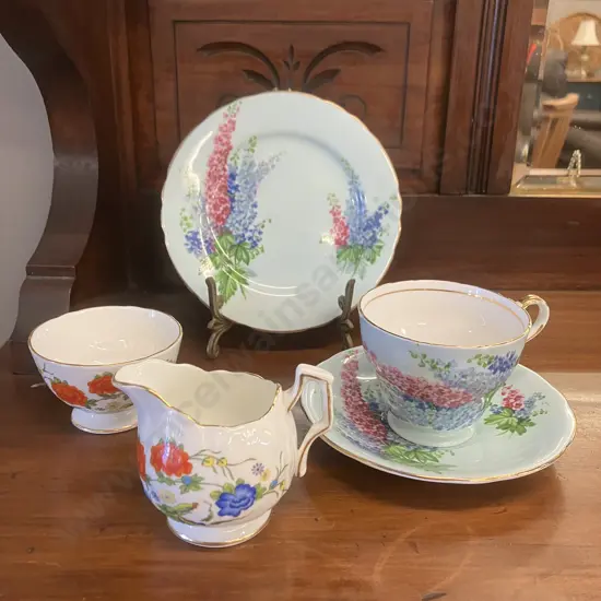 Vintage Aynsley Delphiniums Teacup, Saucer & Plate, Pattern C9881 & Famille Rose Mini Creamer & Open Sugar Bowl Set