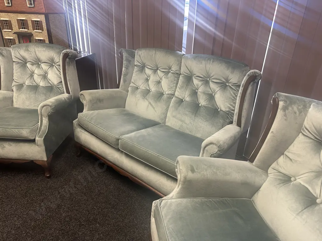 Mahogany Panelled 2 Seater Couch With 2 Armed Chairs, Button Backed Blue Draylon Image 1++