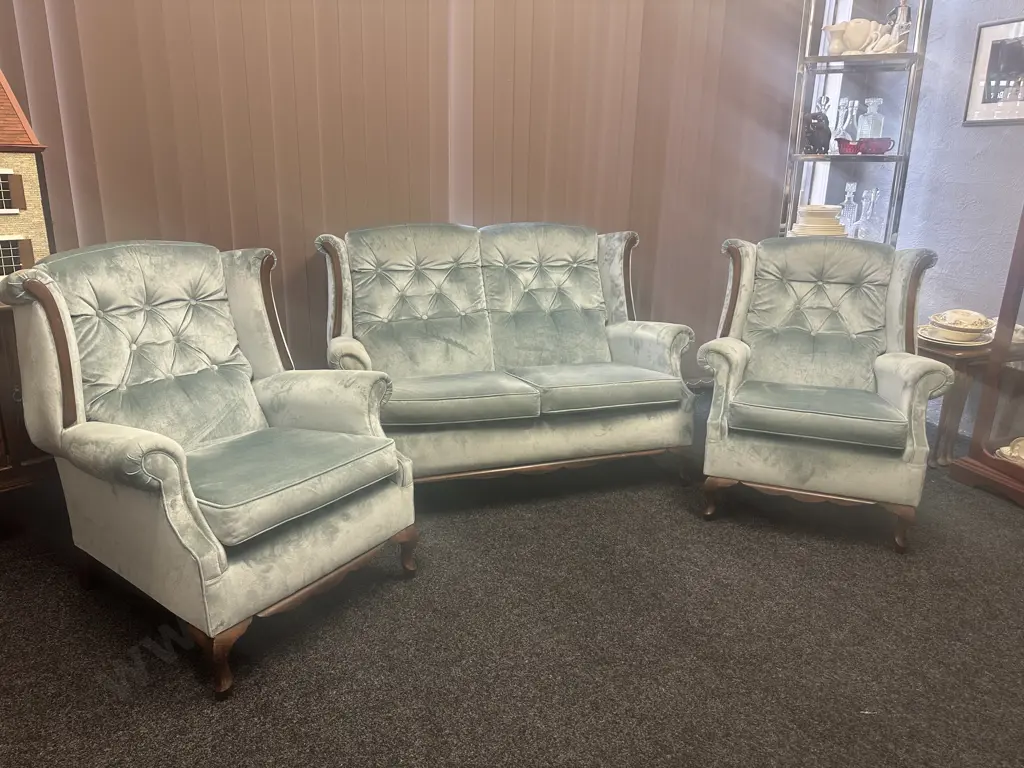 Mahogany Panelled 2 Seater Couch With 2 Armed Chairs, Button Backed Blue Draylon Image 1++