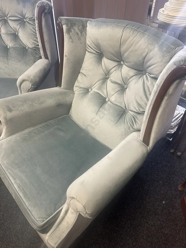 Mahogany Panelled 2 Seater Couch With 2 Armed Chairs, Button Backed Blue Draylon Image 1++