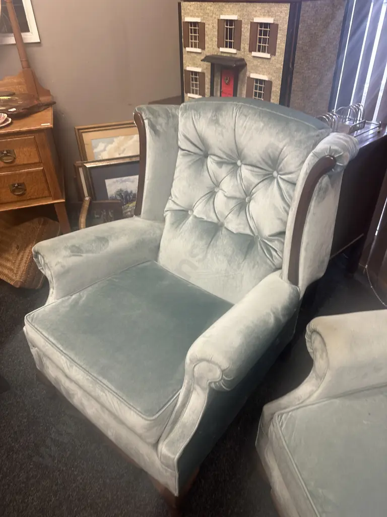Mahogany Panelled 2 Seater Couch With 2 Armed Chairs, Button Backed Blue Draylon Image 1++