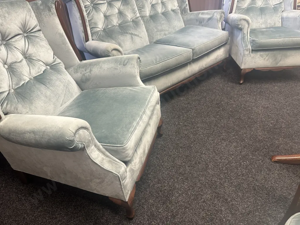 Mahogany Panelled 2 Seater Couch With 2 Armed Chairs, Button Backed Blue Draylon Image 1++