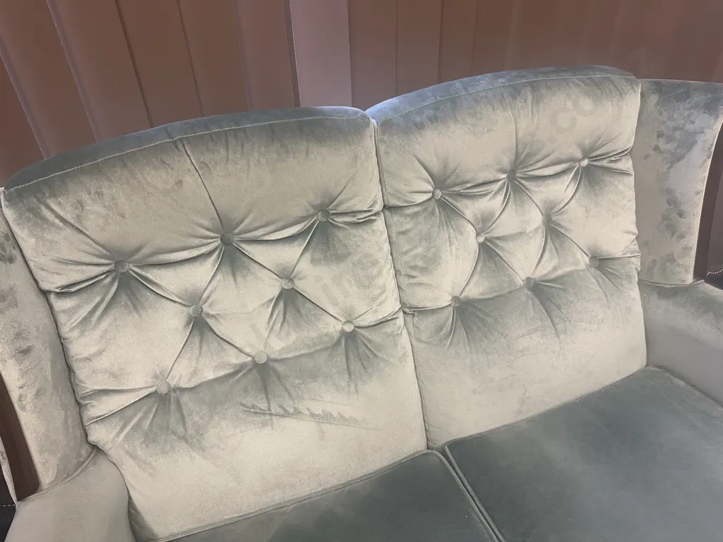 Mahogany Panelled 2 Seater Couch With 2 Armed Chairs, Button Backed Blue Draylon Image 1++