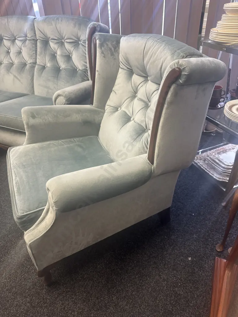Mahogany Panelled 2 Seater Couch With 2 Armed Chairs, Button Backed Blue Draylon Image 1++