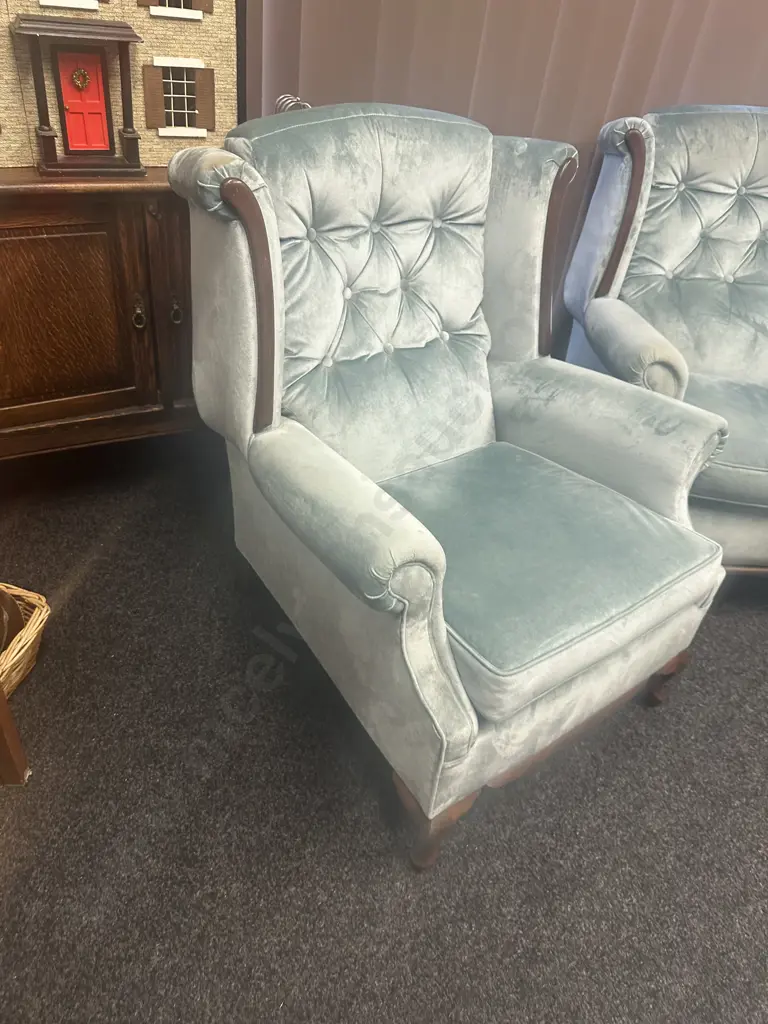 Mahogany Panelled 2 Seater Couch With 2 Armed Chairs, Button Backed Blue Draylon Image 1++