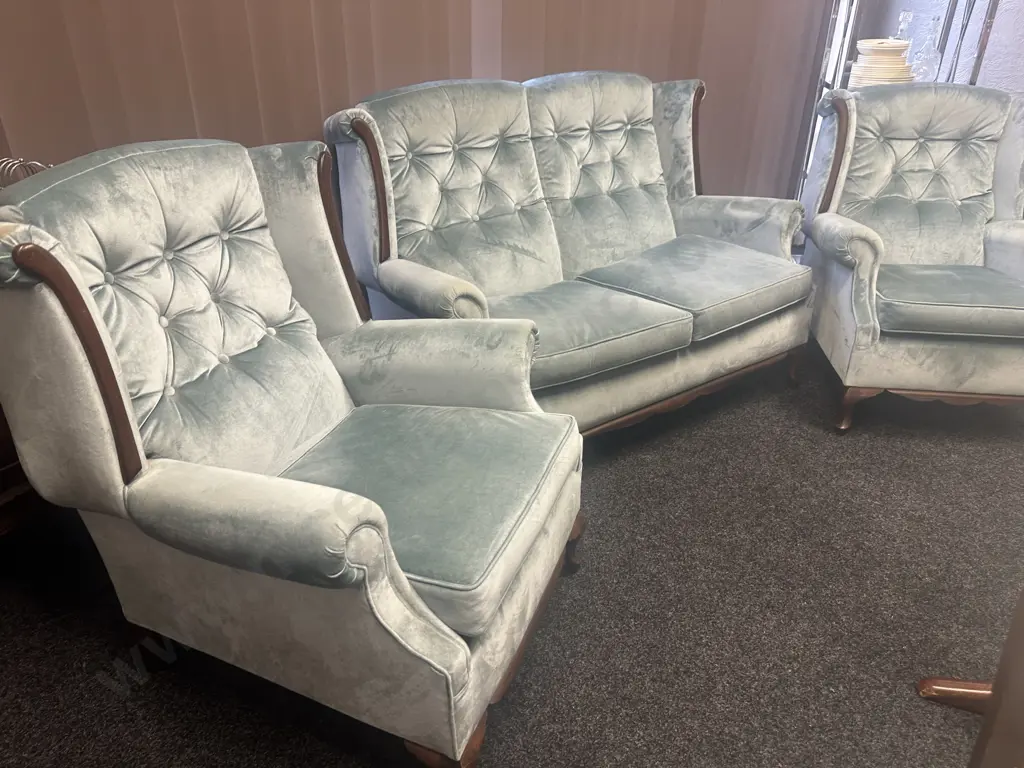 Mahogany Panelled 2 Seater Couch With 2 Armed Chairs, Button Backed Blue Draylon Image 1++