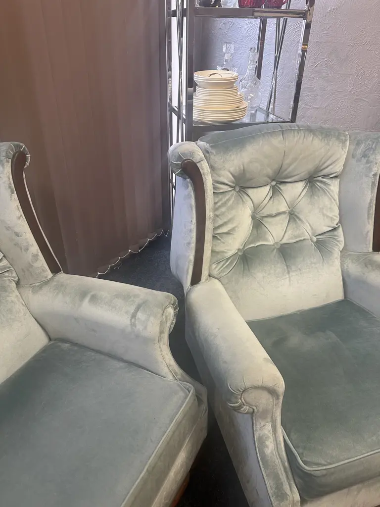 Mahogany Panelled 2 Seater Couch With 2 Armed Chairs, Button Backed Blue Draylon Image 1++