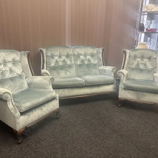 Mahogany Panelled 2 Seater Couch With 2 Armed Chairs, Button Backed Blue Draylon