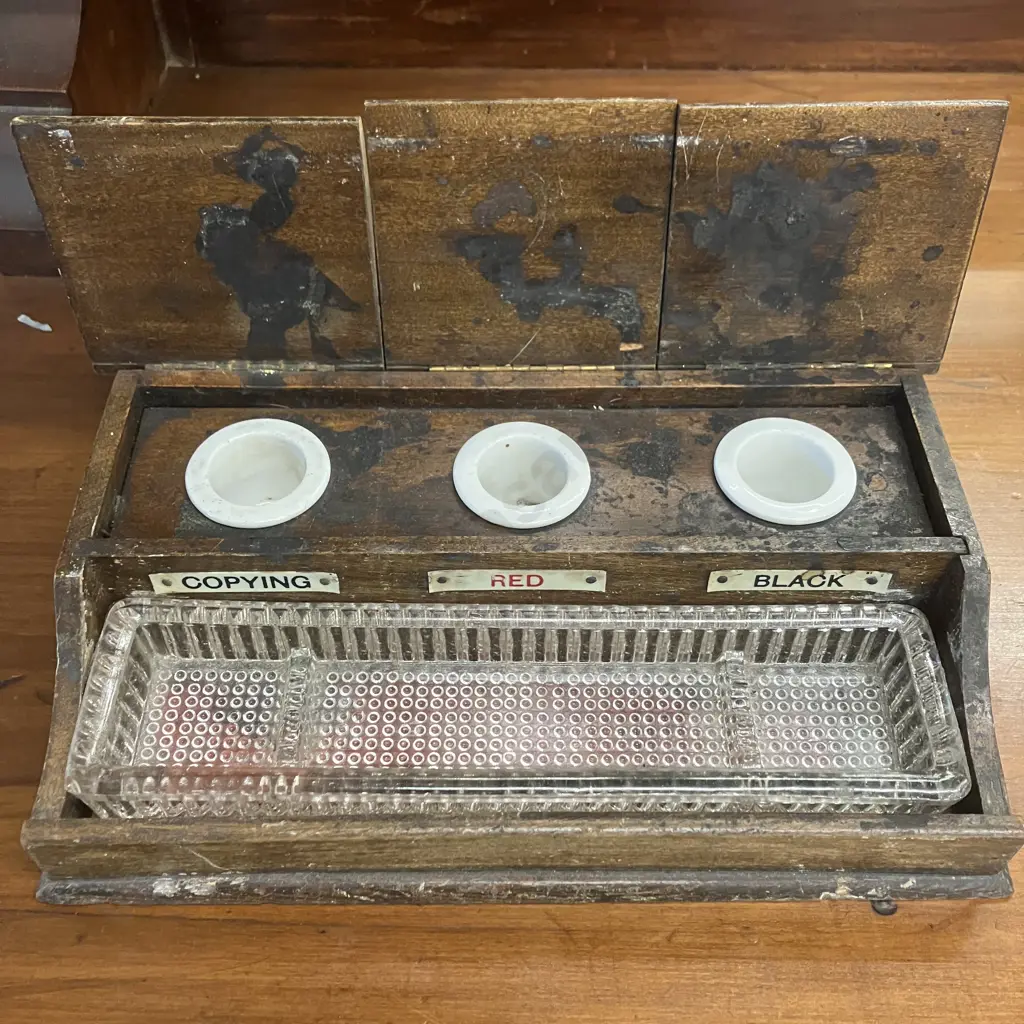 Antique Oak Desktop Inkstand With 3 Inkwells & Glass Pen Tray Image 1++