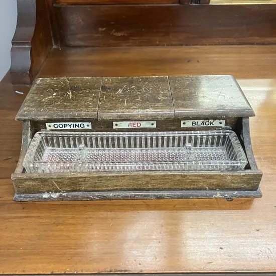 Antique Oak Desktop Inkstand With 3 Inkwells & Glass Pen Tray